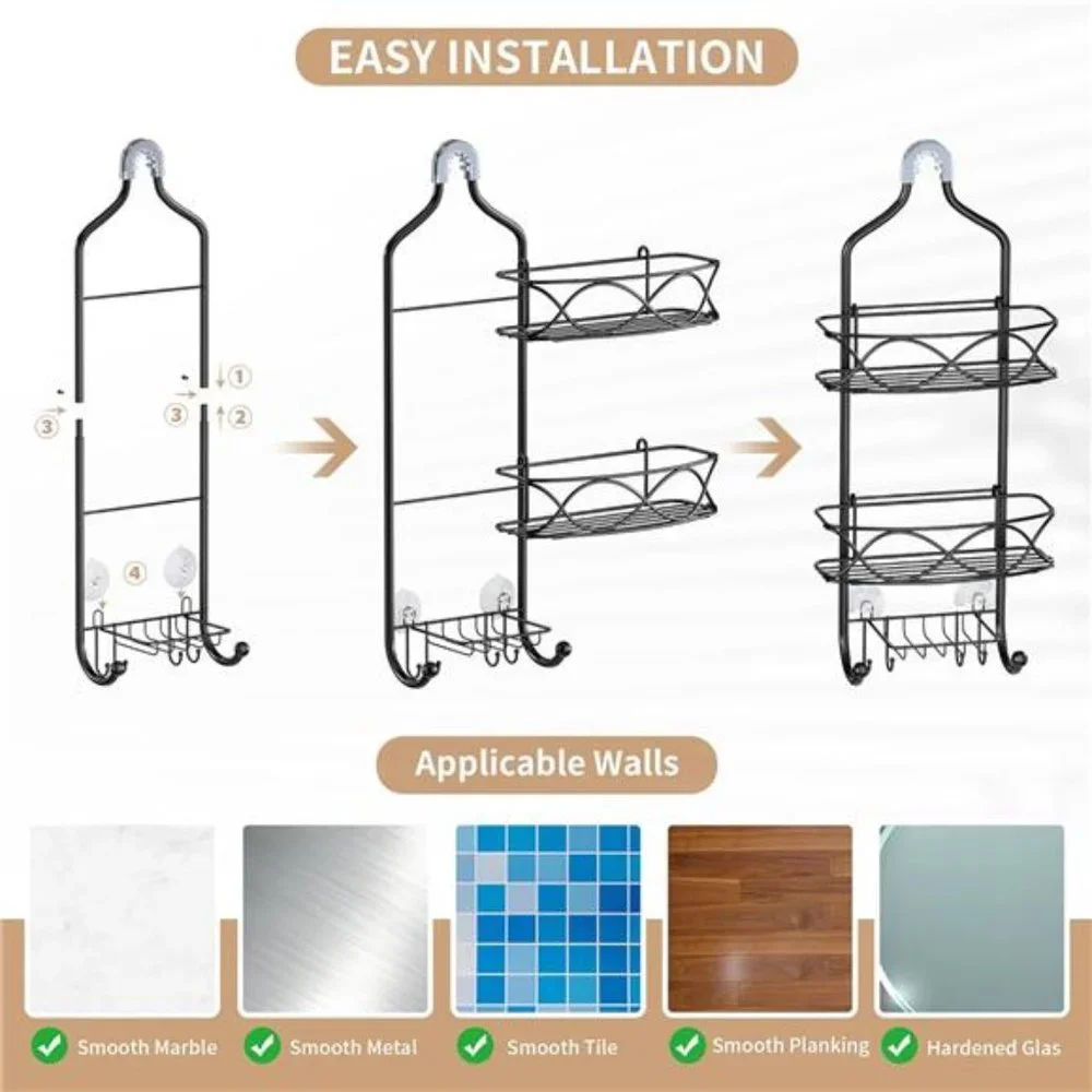 Hanging Shower Caddy Over Shower Head, Black Rust Proof Metal Large Organizer